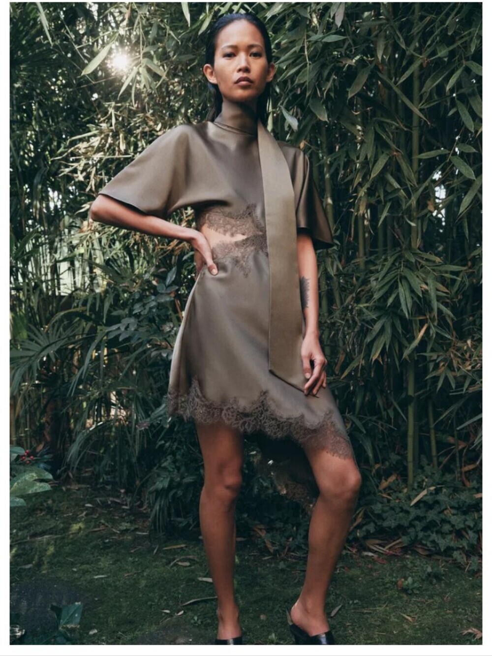 Zara Olive Green Asymmetrical Satin Dress with Lace Trim - Picture 3 of 11
